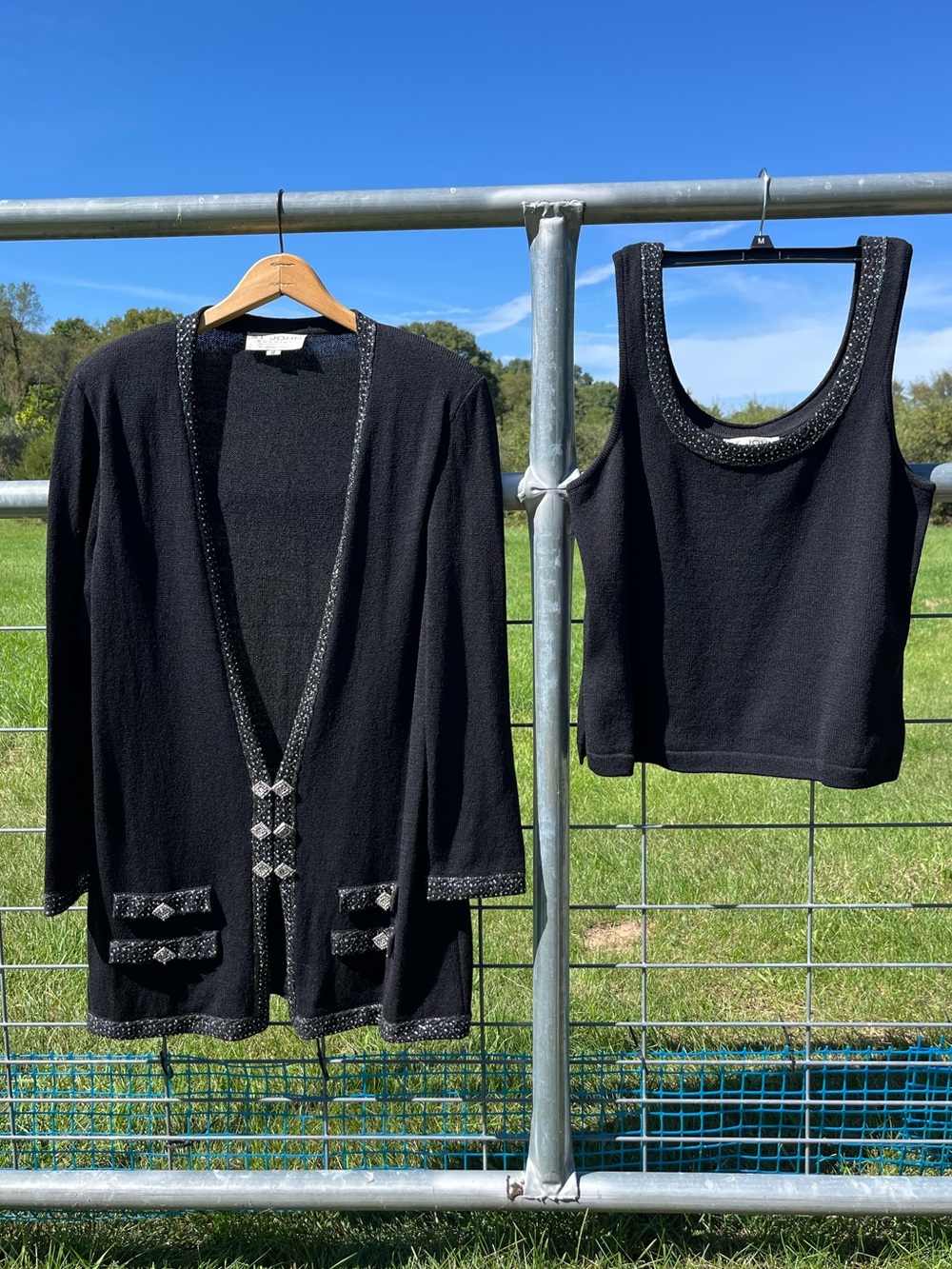80s St. John Evening Marie Gray Wool Blend Knit 2-Piece Set Glam Grandma Holiday